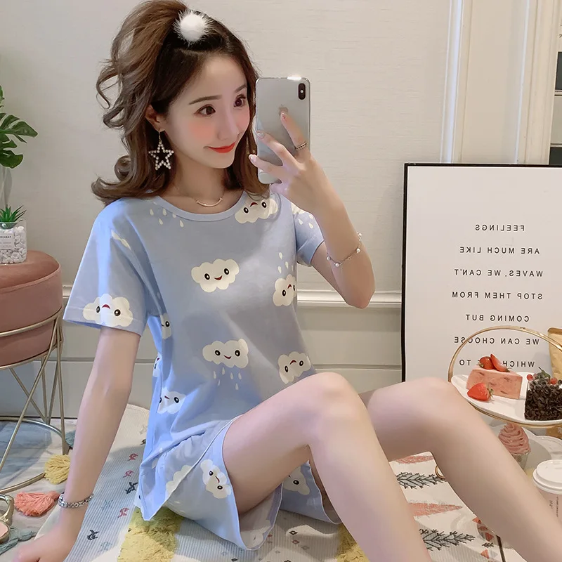 Print Clouds 2PCS Cotton Pajamas Set Sexy O-Neck Ruffles Nightwear Short Sleeve &Shorts Lady Sleepwear Loose Home Wear 
Print Clouds 2PCS Cotton Pajamas Set Sexy O-Neck Ruffles Nightwear Short Sleeve &Shorts Lady Sleepwear Loose Home Wear