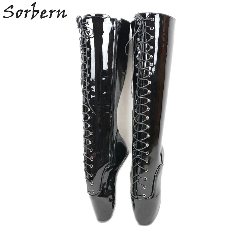 

Sorbern Black Patent Knee High Boots Ballet Heelless Custom Wide Fit Calf Lace Up Thick Winter Style Long Boots Fetish Tiptoe