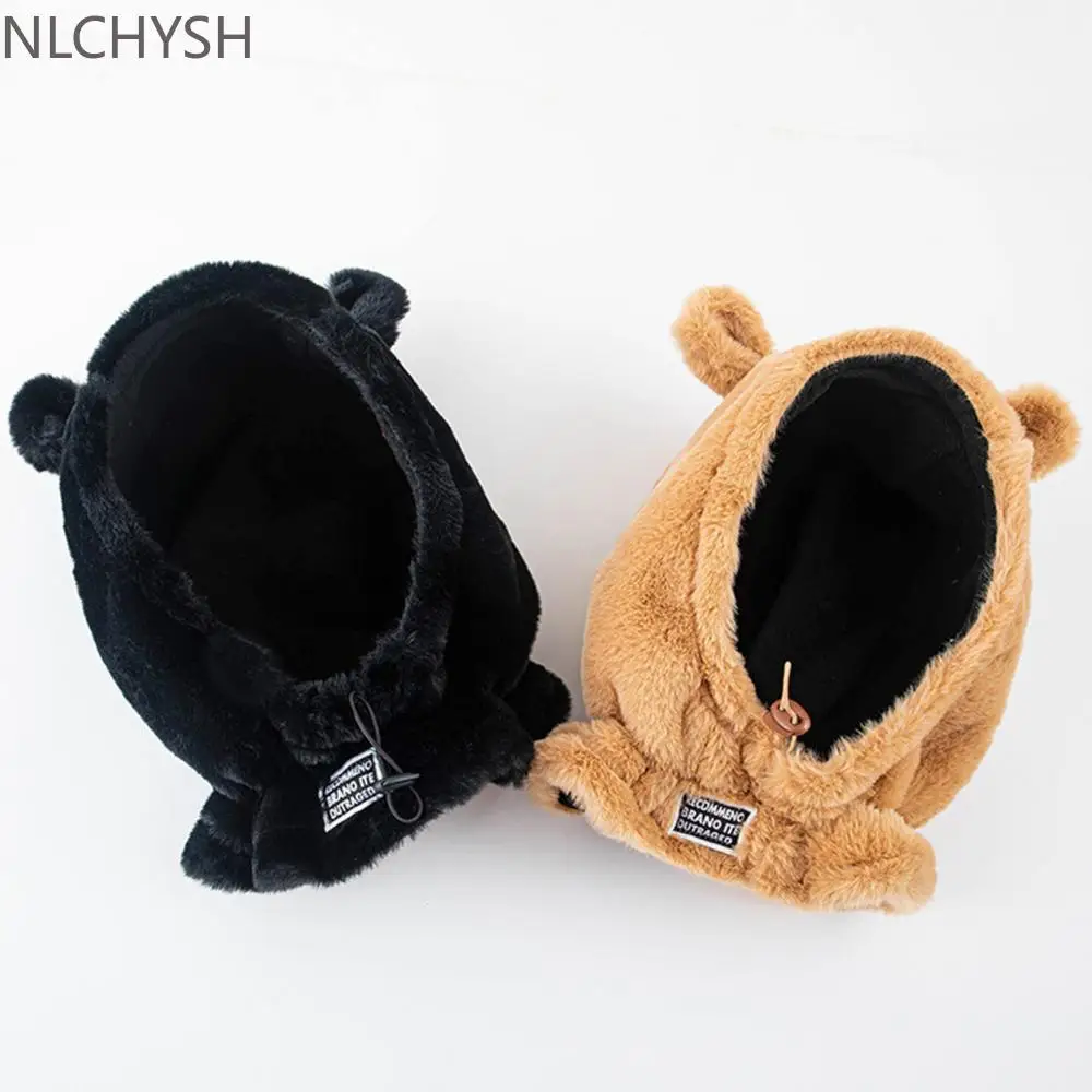 

Женская зимняя шапка, однотонная ветрозащитная теплая шапка-шарф с милым медведем и ушками