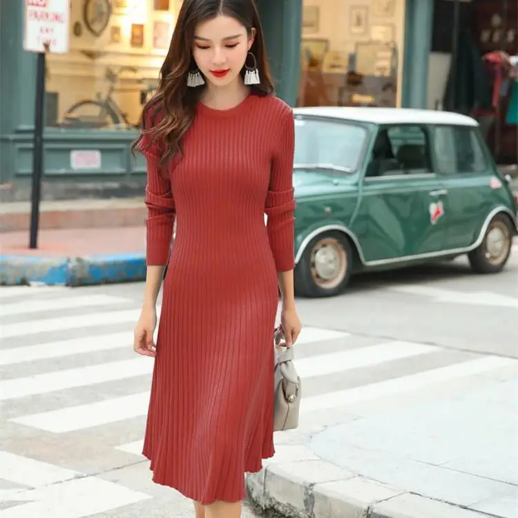 Women Korean Long Sleeve Sweater Dress Fashion Pleated Midi Knit Dresses Solid Plus Size Bodycon | Женская одежда