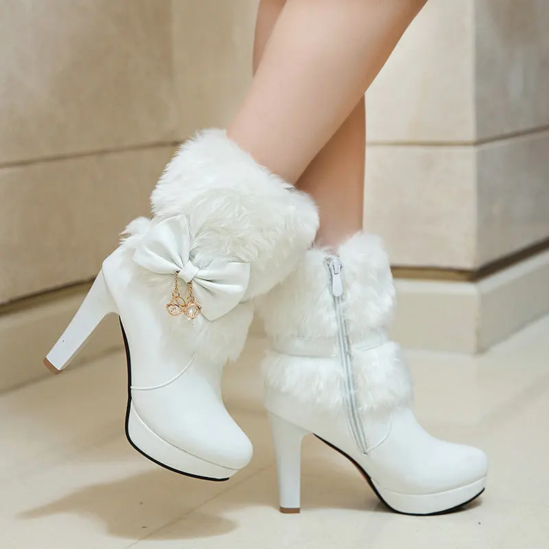 

nova moda feminina inverno botas de salto alto rosa branco preto pele borla bowtie linda lolita senhoras festa casamento sapatos