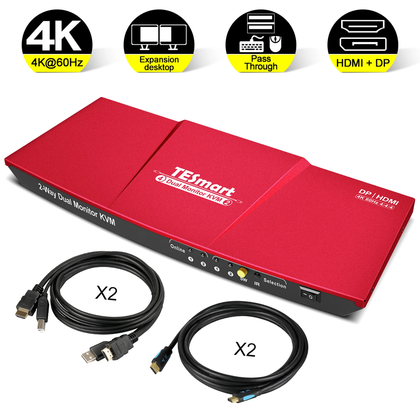 TESmart DisplayPort + HDMI 2x2 Dual Monitor KVM Switch 4K @ 60Hz поддержка EDID USB-концентратор аудиовыход