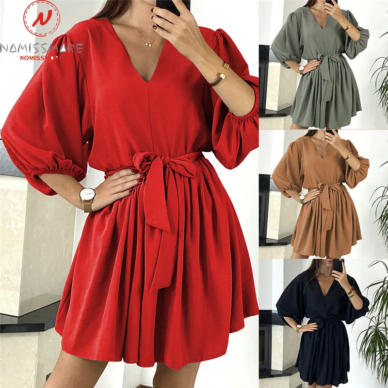 Women Solid Color A-Line Dress Bandage Design V-Neck Mid Waist Three Quarter Sleeve Spring Summer Slim Pullovers Mini Dress
Women Solid Color A-Line Dress Bandage Design V-Neck Mid Waist Three Quarter Sleeve Spring Summer Slim Pullovers Mini Dress