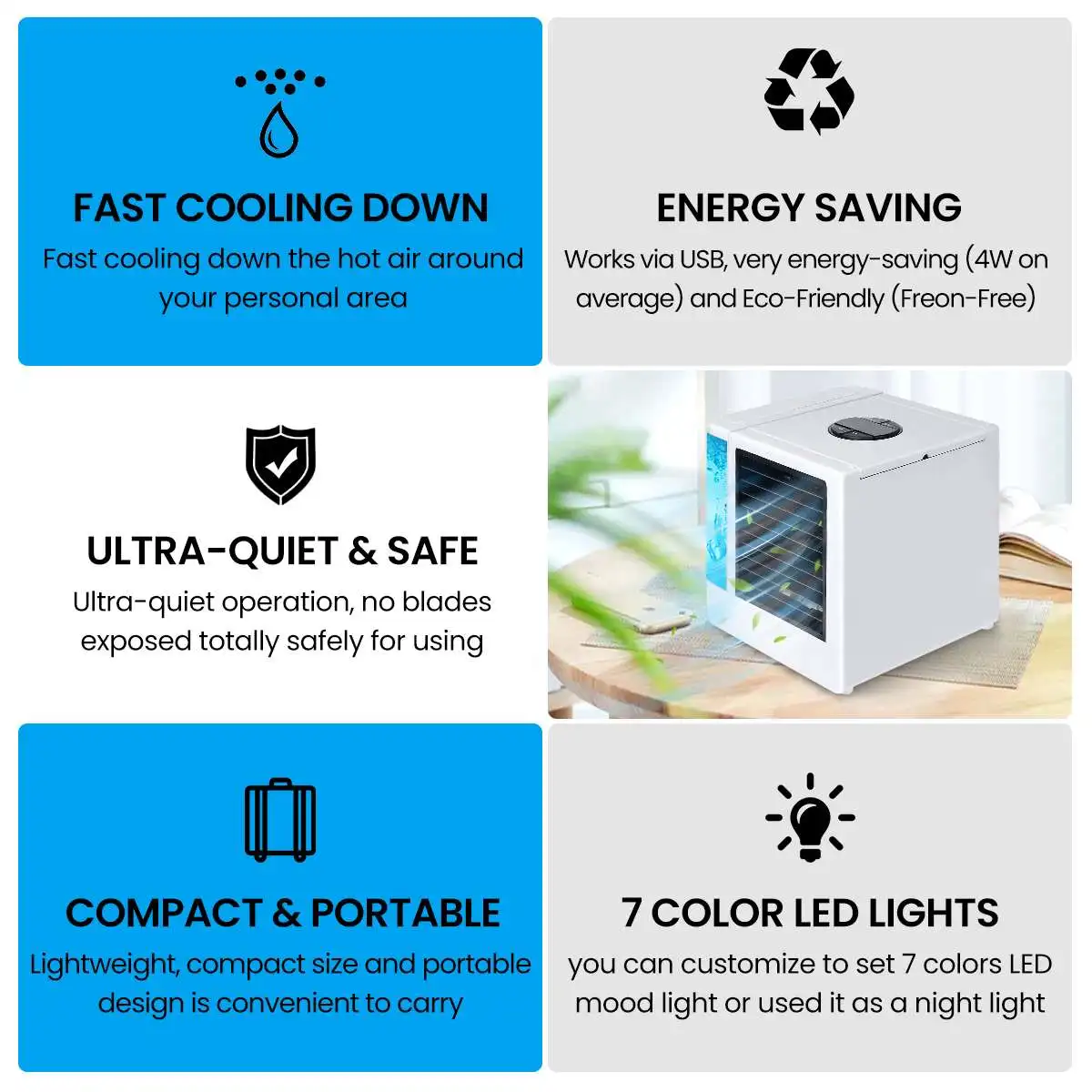Mini Air Cooler USB Portable Air Conditioning Humidifier Purifier 7-color Light Air Conditioning Fan Desktop Fan for Office Room
Mini Air Cooler USB Portable Air Conditioning Humidifier Purifier 7-color Light Air Conditioning Fan Desktop Fan for Office Room