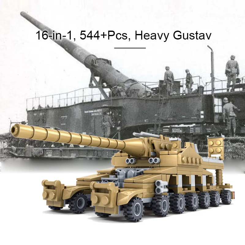 16-in-1 Ideas 544pcs Dora Heavy Gustav Gun Building Blocks Military Tank WW2 Bricks Set Models Children Kids Toys Gifts
16-in-1 Ideas 544pcs Dora Heavy Gustav Gun Building Blocks Military Tank WW2 Bricks Set Models Children Kids Toys Gifts