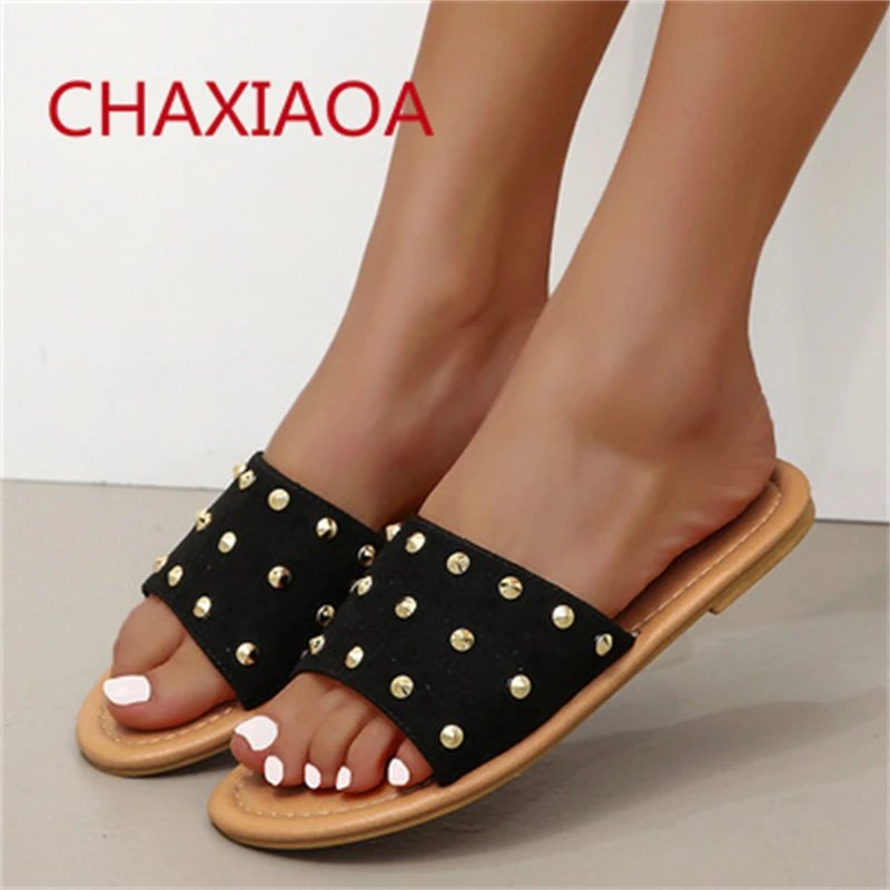 CHAXIAOA 2021 Gold Rivets Flock Women Summer Slippers Open Toe Slip On Beach Flats Shoes Casual Female Slippers Chaussure Femme
CHAXIAOA 2021 Gold Rivets Flock Women Summer Slippers Open Toe Slip On Beach Flats Shoes Casual Female Slippers Chaussure Femme