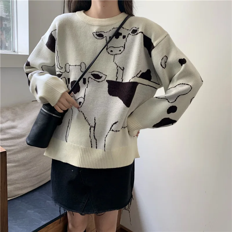 Vintage Casual Loose Lazy Cow Sweater Female Korean Harajuku Women's Sweaters Japanese Kawaii Cute Clothing For Women 
Vintage Casual Loose Lazy Cow Sweater Female Korean Harajuku Women's Sweaters Japanese Kawaii Cute Clothing For Women