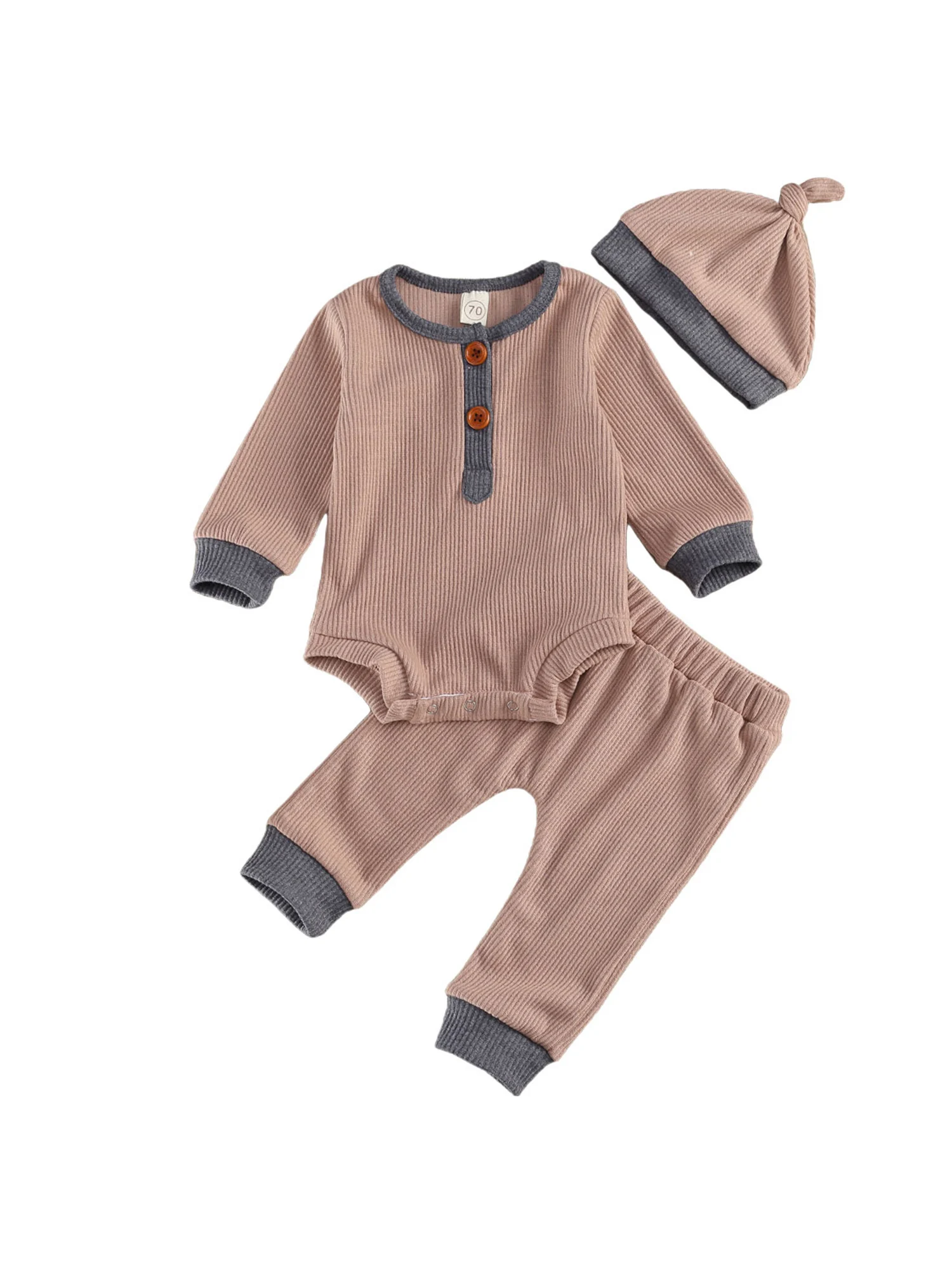 3 Pcs Newborn Color Block Outfits, Infant Long Sleeve Round Neck Decorative Button Romper + Elastic Waist Trousers + Hat
3 Pcs Newborn Color Block Outfits, Infant Long Sleeve Round Neck Decorative Button Romper + Elastic Waist Trousers + Hat