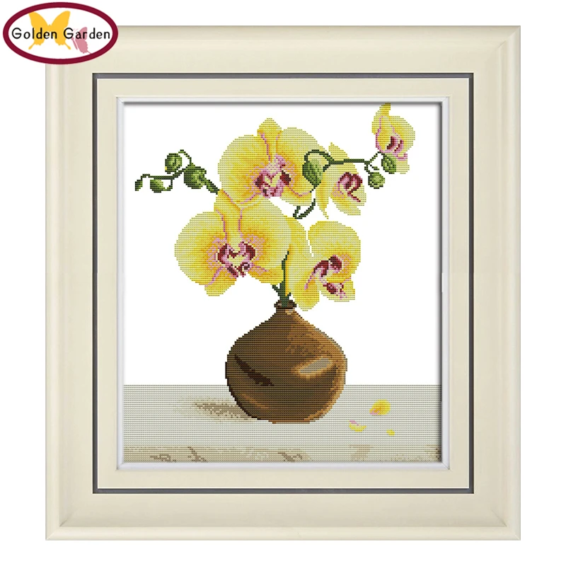 

GG Yellow Phalaenopsis Chinese Counted Cross Stitch Embroidery Needleworks Joy Sunday Cross Stitch Stamped Kits for Home Decor