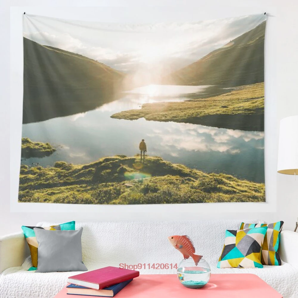

Switzerland Mountain Lake Sunrise Landscape Photography tapestry Wall Hanging Tapestries for Living Room Bedroom Decor