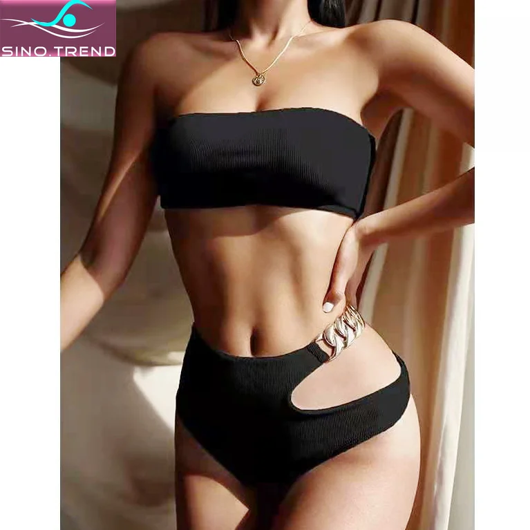 SINO.TREND Ribbed Bandeau High Waist Bikini Set Female Solid Metal Chain Swimsuit Women Plain Split Asymmetric Swimwear Lady
SINO.TREND Ribbed Bandeau High Waist Bikini Set Female Solid Metal Chain Swimsuit Women Plain Split Asymmetric Swimwear Lady