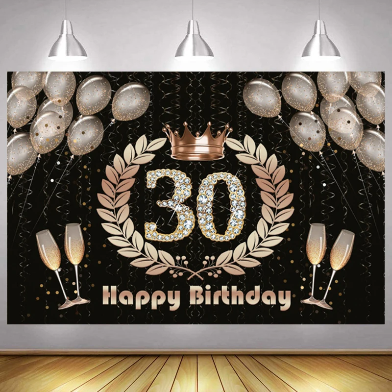 

Happy 20 30 50th Birthday Backdrop Shiny Crown Balloons Wine Champagne Photo Background Adult Birthday Party Decor Custom Banner
