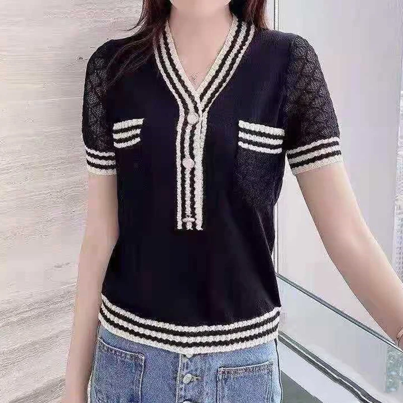 Summer Thin Short Sleeve Tshirt Women Clothes Tops Striped V Neck Button T Shirt Women Knitted Slim T-shirt Female Poleras Mujer
Summer Thin Short Sleeve Tshirt Women Clothes Tops Striped V Neck Button T Shirt Women Knitted Slim T-shirt Female Poleras Mujer