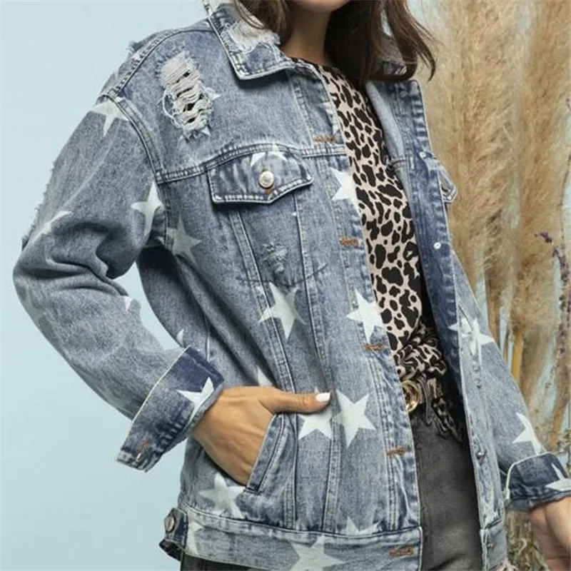 Fall 2021 Blue Green Star Printed Denim Jacket Women Long Sleeve Double Pocket Button Up Do Old Coats Hollow Out Denim Jackets
Fall 2021 Blue Green Star Printed Denim Jacket Women Long Sleeve Double Pocket Button Up Do Old Coats Hollow Out Denim Jackets