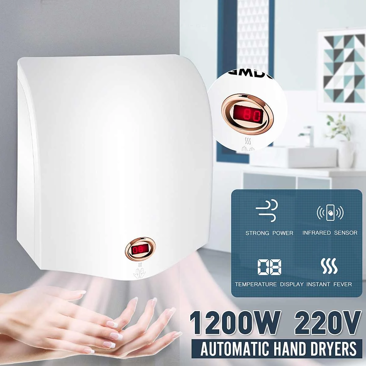 Сушилка для рук Warmtoo с большим ветровым двигателем, 1200 Вт, с инфракрасным датчиком и индикатором температуры, 220 В
Сушилка для рук Warmtoo с большим ветровым двигателем, 1200 Вт, с инфракрасным датчиком и индикатором температуры, 220 В