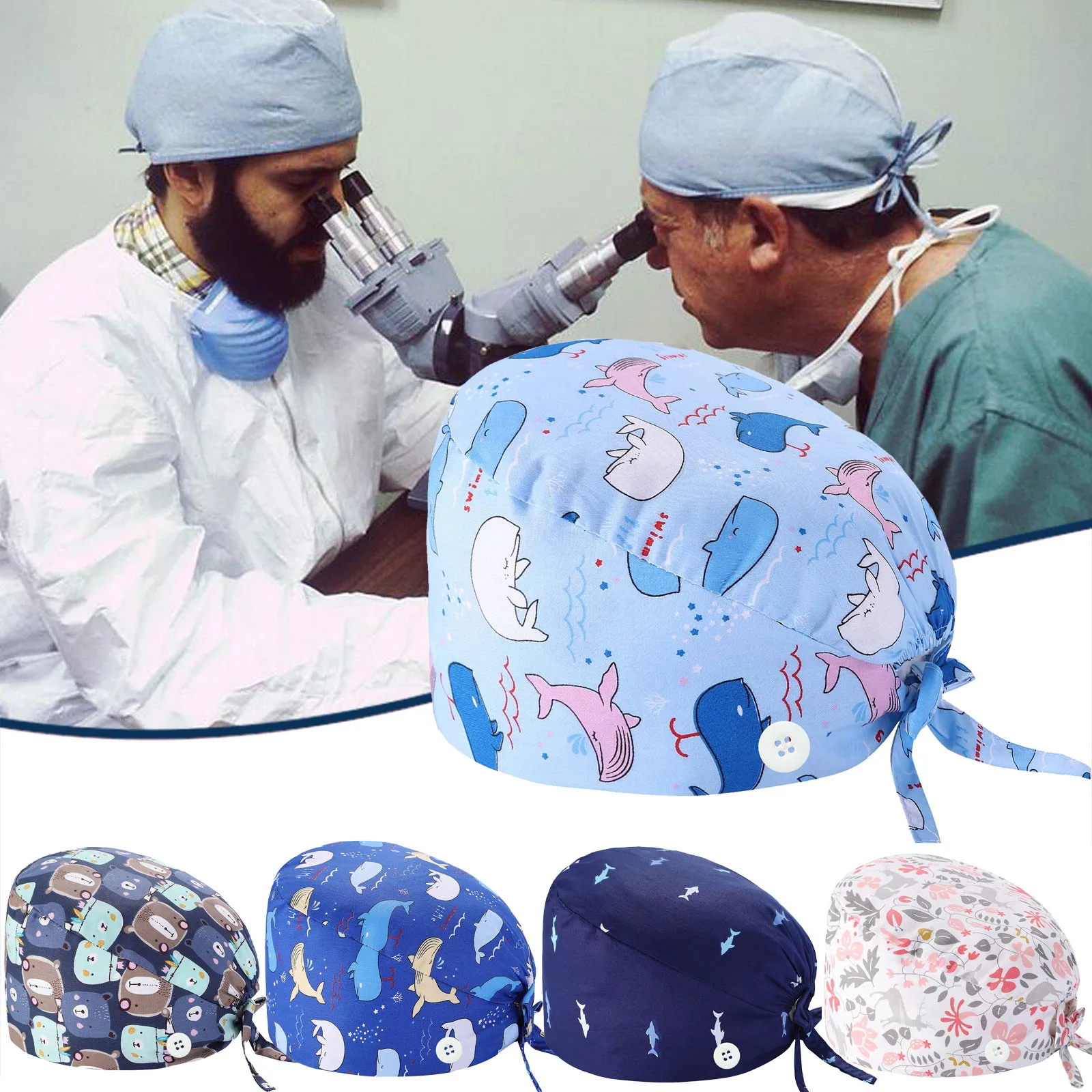 

Cartoon Print Scrub Caps Scrubs Hat 100% Cotton Women Men Print Vet Pet Beautician Spa Chef Working Skull Cap gorro enfermera A5