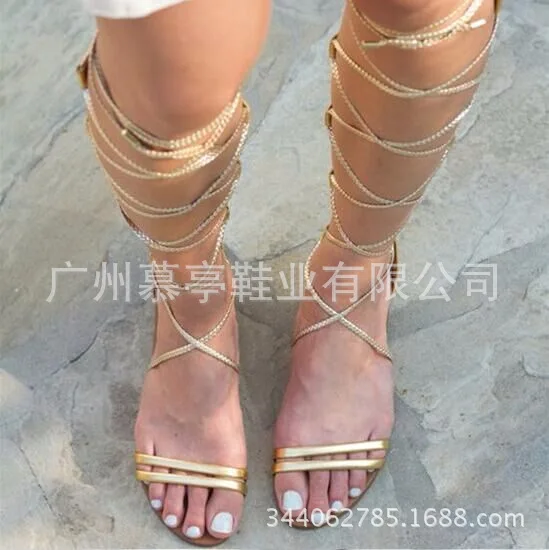 Golden mirror cross strap knee length flat sandals
