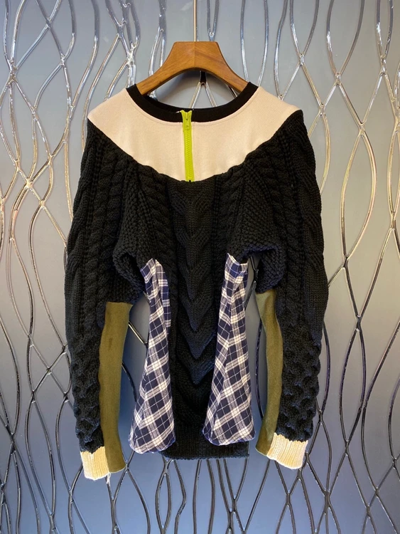 Autumn / winter 2020 new women's round neck zipper neckline color matching thick line plaid sweater 1024 
Autumn / winter 2020 new women's round neck zipper neckline color matching thick line plaid sweater 1024