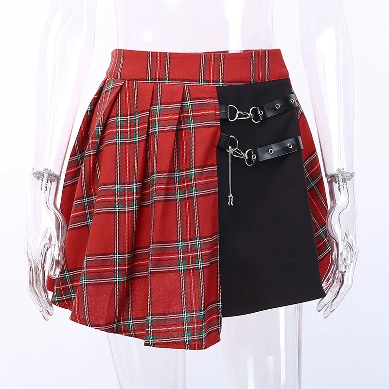 Punk Skirts Women Red Plaid Pleated Ball Gown High Waist Patchwork Mini Skirt Fashion Streetwear Buckle Female Goth Skirt 
Punk Skirts Women Red Plaid Pleated Ball Gown High Waist Patchwork Mini Skirt Fashion Streetwear Buckle Female Goth Skirt