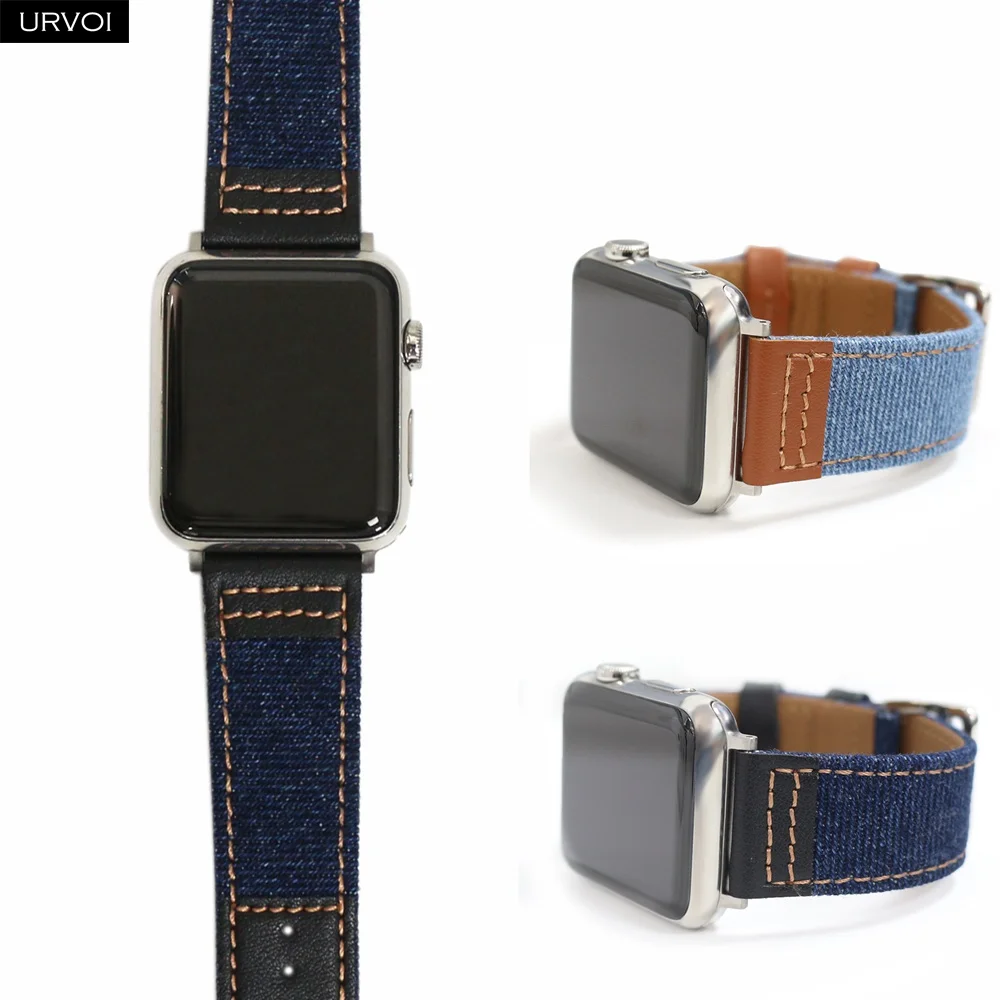 Ремешок URVOI для Apple Watch series 7 654321SE джинсовый браслет из натуральной кожи iWatch