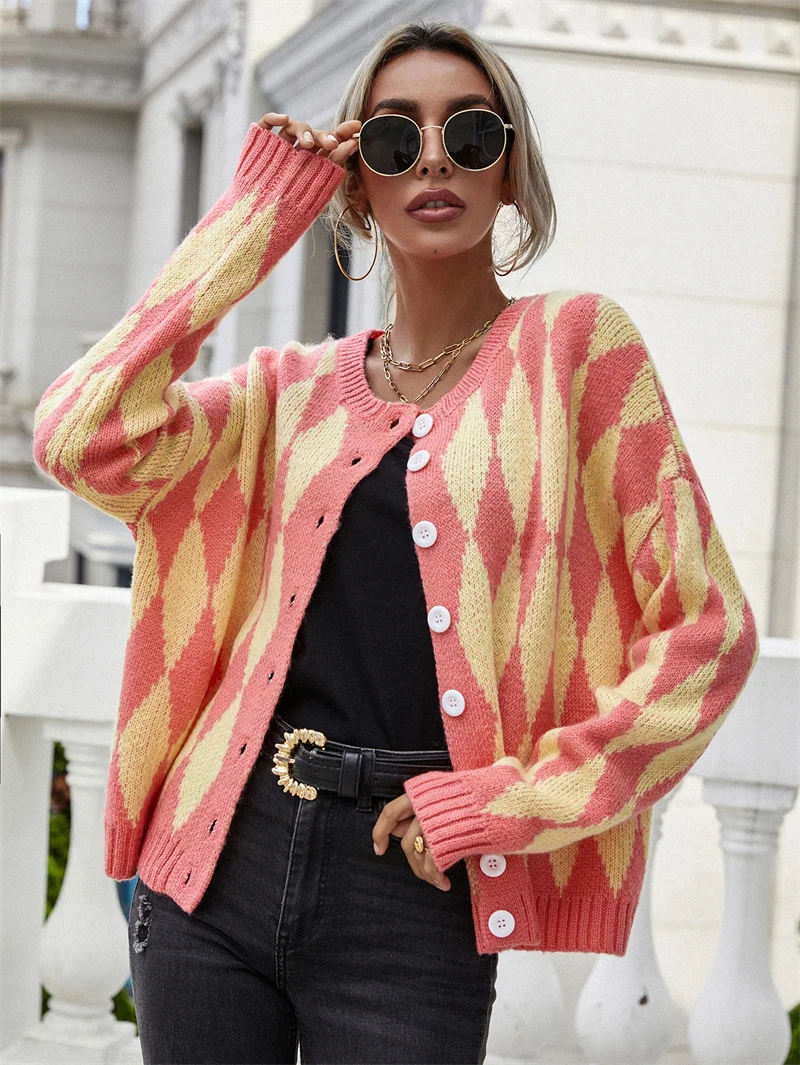 Autumn Spring Fashion Argyle Printing Knitted Sweaters Single Breaste Short Jackets Cardigan Women's Sweater
Autumn Spring Fashion Argyle Printing Knitted Sweaters Single Breaste Short Jackets Cardigan Women's Sweater