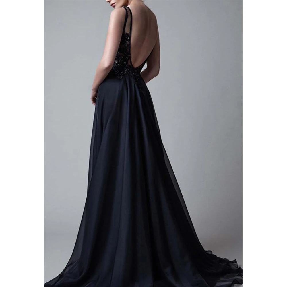 Sexy Backless Evening Dresses Long Lace 2021 Women Black Eleglant V-Neck Prom Gowns Sexy A-line robe de soire de mariage 
Sexy Backless Evening Dresses Long Lace 2021 Women Black Eleglant V-Neck Prom Gowns Sexy A-line robe de soire de mariage