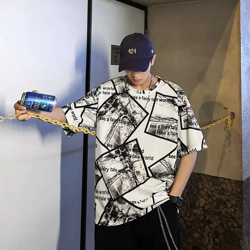 Летняя мужская футболка с коротким рукавом и принтом граффити, модель 2021 года, AT58 
Летняя мужская футболка с коротким рукавом и принтом граффити, модель 2021 года, AT58