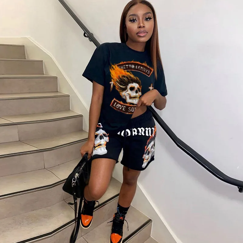 Casual Letter Skull Print 2 Piece Set Tracksuit Women Black Short Sleeve T-Shirt Top Loose Shorts High Street Matching Set
Casual Letter Skull Print 2 Piece Set Tracksuit Women Black Short Sleeve T-Shirt Top Loose Shorts High Street Matching Set