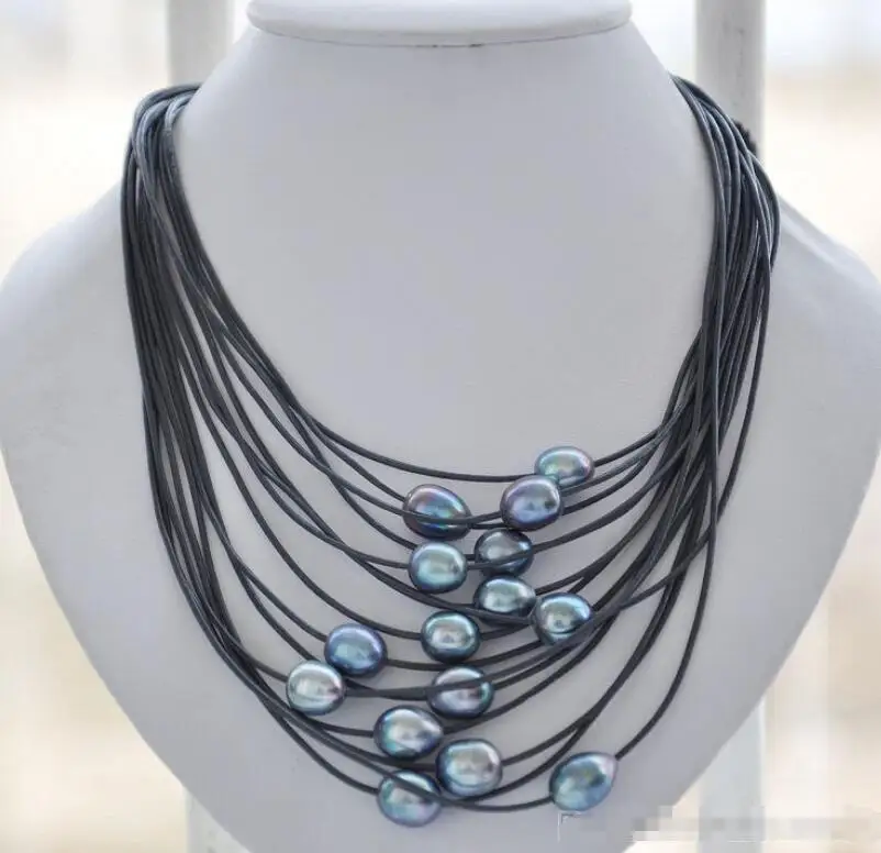 

Hot sale new Style 15strands 13mm peacock black rice pearl black leather necklace 20inch