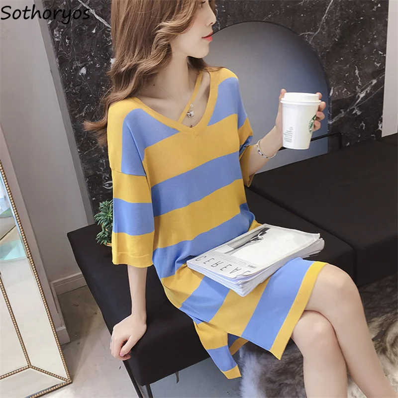 Dress Women Kawaii Ulzzang Elegant Breathable Comfotable Loose Striped Summer New V-neck All-match Womens Dresses Chic Casual
Dress Women Kawaii Ulzzang Elegant Breathable Comfotable Loose Striped Summer New V-neck All-match Womens Dresses Chic Casual