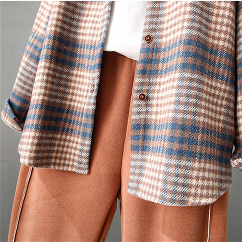 Shirt Women 2020 Spring Fashion New Retro Literary Fan Woolen Loose Thickened Brushed Plaid Single-Breasted Long-Sleeved Shirt 
Shirt Women 2020 Spring Fashion New Retro Literary Fan Woolen Loose Thickened Brushed Plaid Single-Breasted Long-Sleeved Shirt