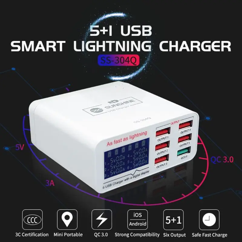 QC3.0 5V Charger 6 Port USB Mobile Phone Quick Charging Voltage Current Display X4YD
QC3.0 5V Charger 6 Port USB Mobile Phone Quick Charging Voltage Current Display X4YD