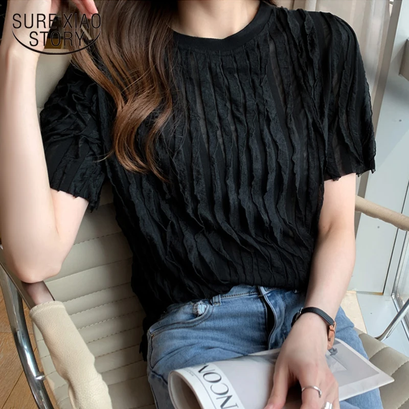 

Summer New 2021 Short Sleeve Women Blouse and Tops Casual Loose O Neck Women Shirts Fashion Pleated Female Clothing Blusas 14519