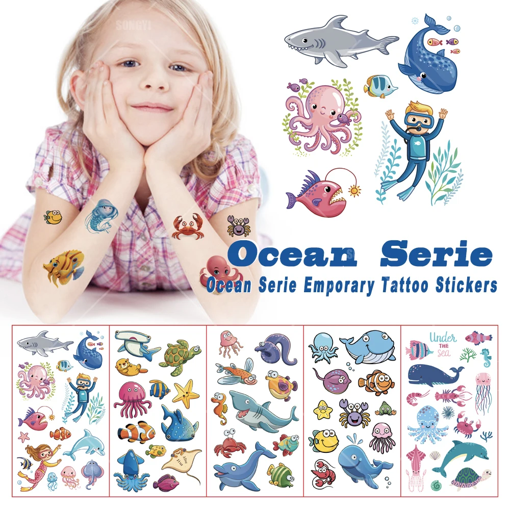 

10 Sheets/Set Marine Life Temporary Tattoo Stickers Shark Octopus Crab Whale Baby Shower Kids Gift Body Makeup Sticker Tattoos
