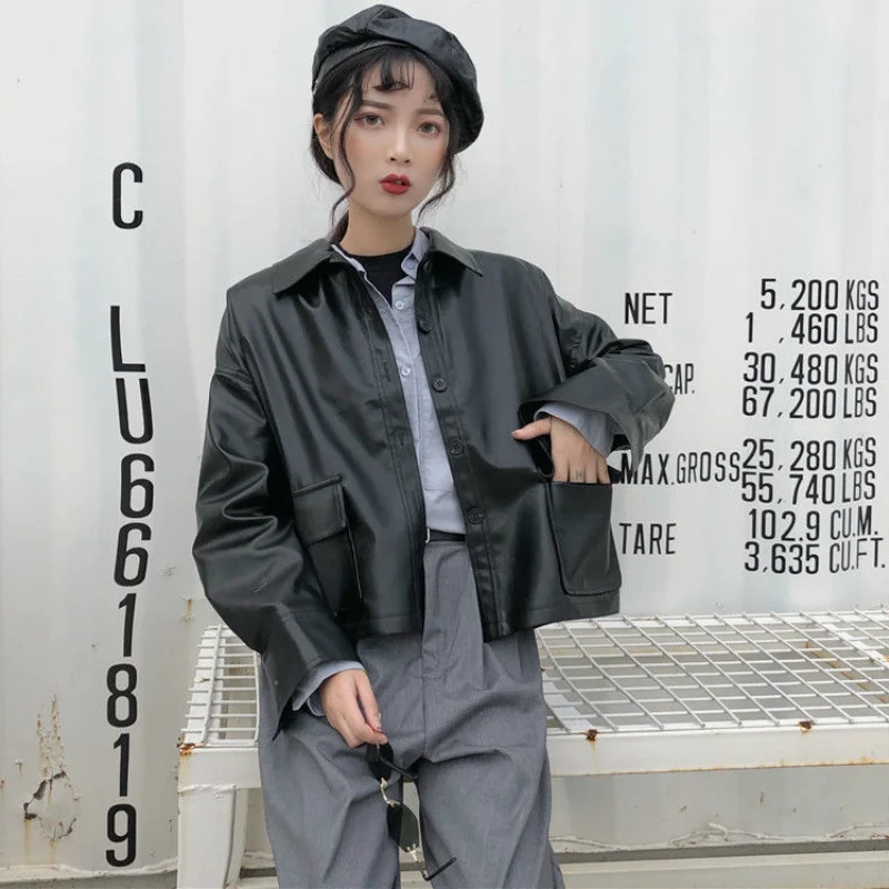 Womens Jackets PU Loose Plus Size Loose Retro Korean Short Pockets Harajuku Turn-Down Collar Female Coats Streetwear
Womens Jackets PU Loose Plus Size Loose Retro Korean Short Pockets Harajuku Turn-Down Collar Female Coats Streetwear