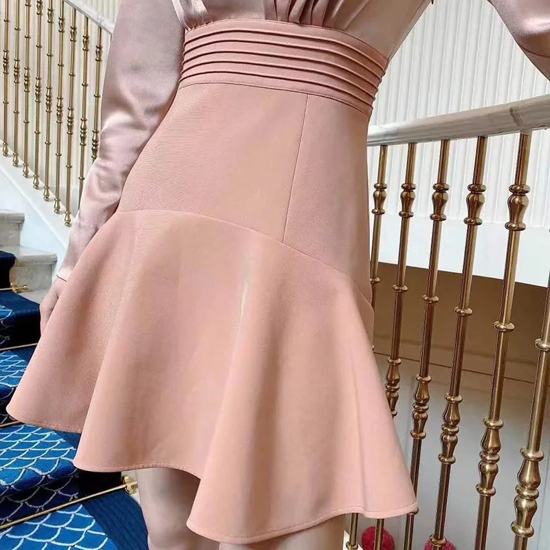 TWOTWINSTYLE Elegant Pink Dress For Female V Neck Long Sleeve High Waist Ruched Mini Dresses Women Fashion New Clothing 2020
TWOTWINSTYLE Elegant Pink Dress For Female V Neck Long Sleeve High Waist Ruched Mini Dresses Women Fashion New Clothing 2020