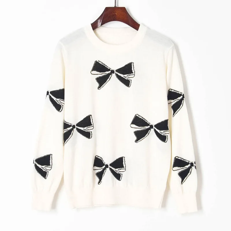 

Black Bows Jacquard White Sweater Women Lazy Oaf Pulover Loose Jumpers 2021autumn Oversized Sweater Female Cute Knitwear Tops