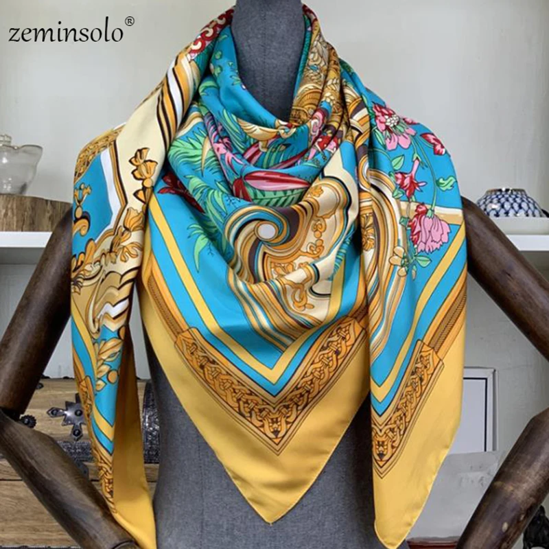

130*130cm Silk Square Scarf Women Scarves Printed Foulard Big Hijab Bandana Lady Neckerchief High Quality Silk Scarves Shawls