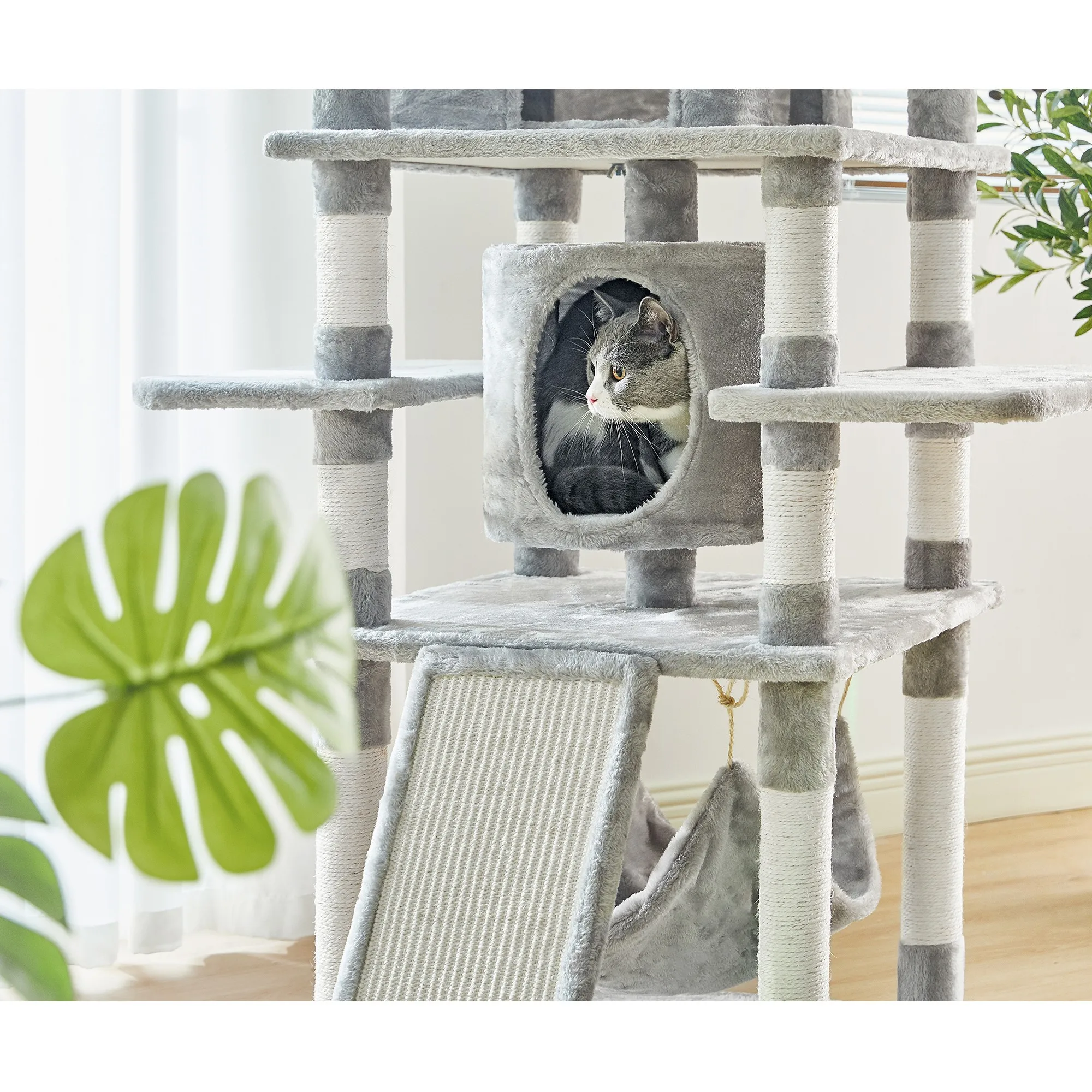 

Multi-Level Cat Tree 65.4 Inches Large Cat Tower with Scratching Posts Board 2 Condos 3 Plush Perches Interactive Dangling Balls