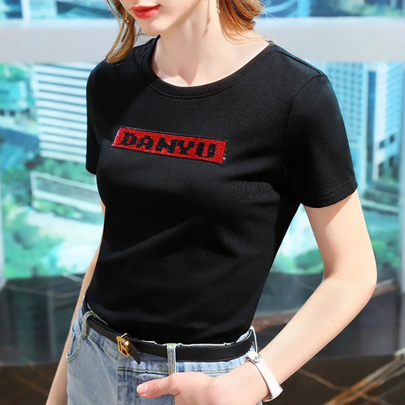 Black short sleeve T-shirt women's wear 2021 new Sequin letter cotton T-shirt western style top
Black short sleeve T-shirt women's wear 2021 new Sequin letter cotton T-shirt western style top