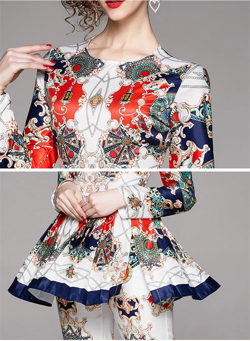 BLLOCUE Fashion Runway Designer Suit Set Women's Long Sleeve Vintage Print Pleated Hem Split Pullover Top+ Pants Two Piece Sets
BLLOCUE Fashion Runway Designer Suit Set Women's Long Sleeve Vintage Print Pleated Hem Split Pullover Top+ Pants Two Piece Sets