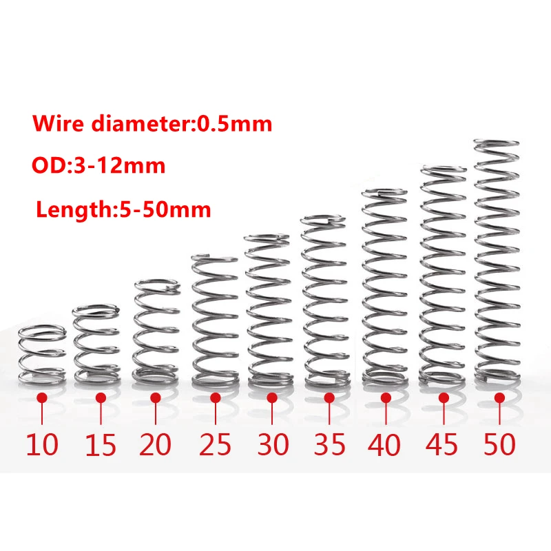 10pcs Wire Diameter 0.5mm 304 Stainless Steel Compression Spring Return Spring Outer diameter 3-12mm Length 5-50mm
10pcs Wire Diameter 0.5mm 304 Stainless Steel Compression Spring Return Spring Outer diameter 3-12mm Length 5-50mm