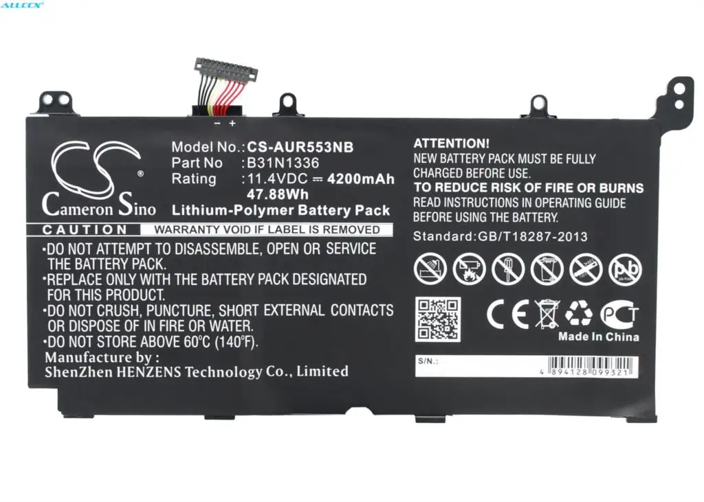 Cameron Sino 4200mAh Battery B31N1336 for ASUS R553LF,R553LN,DM123H,DM553H,XO078H,XO106H, XO263H,XO311H,XO369H,XO370D,XO420H
Cameron Sino 4200mAh Battery B31N1336 for ASUS R553LF,R553LN,DM123H,DM553H,XO078H,XO106H, XO263H,XO311H,XO369H,XO370D,XO420H