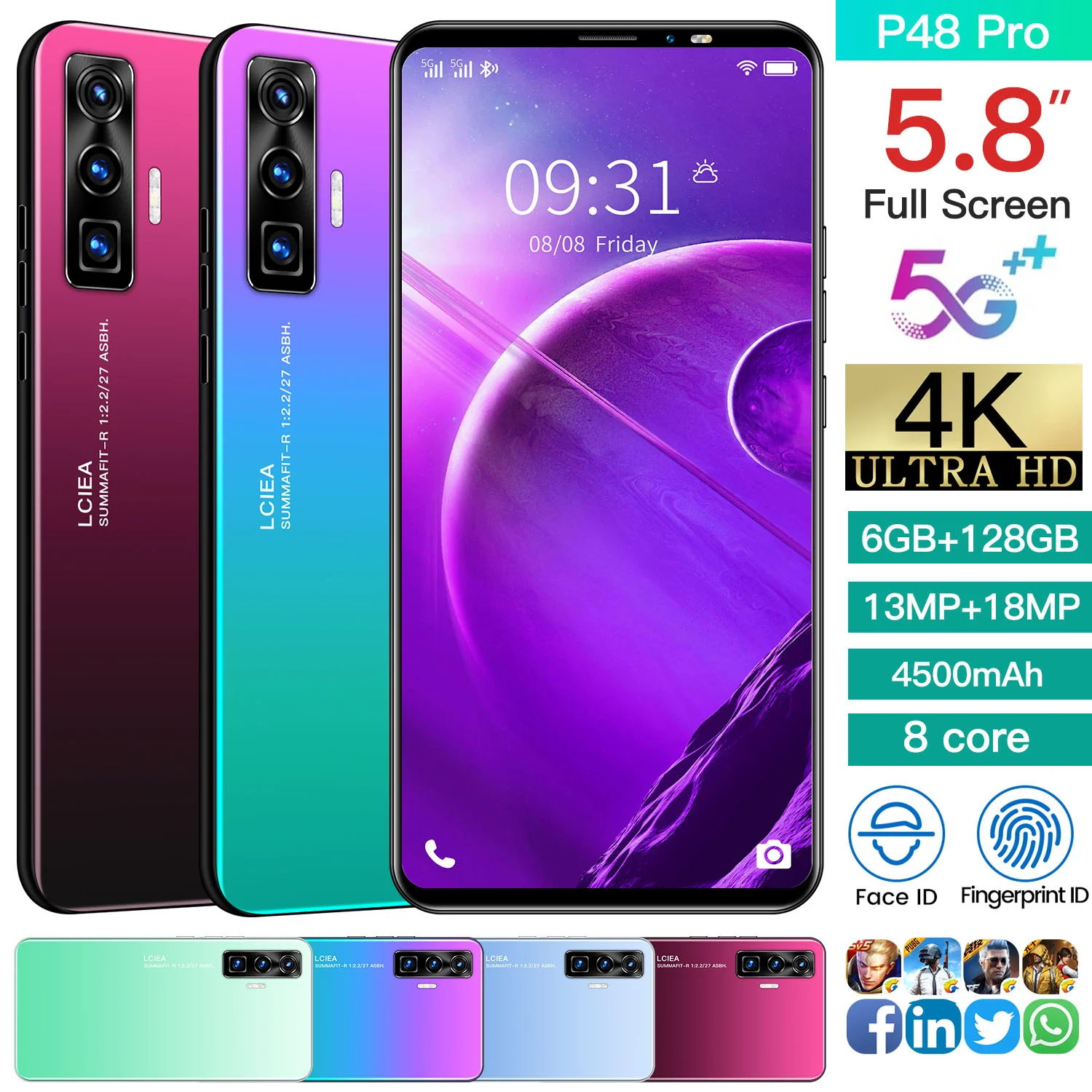 P48 Pro 5.8 Inch Smart phone13MP Selfie Face wake 6GB+128GB 4500mAh Android10 Dual SIM Card mobile phone 5G 8core Global Version
P48 Pro 5.8 Inch Smart phone13MP Selfie Face wake 6GB+128GB 4500mAh Android10 Dual SIM Card mobile phone 5G 8core Global Version