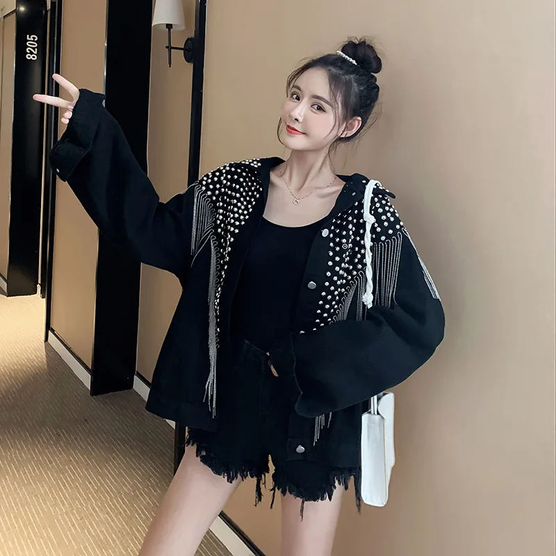 loose and new tassel heavy industry slim fashion drill rivets long sleeve Korean denim jacket
loose and new tassel heavy industry slim fashion drill rivets long sleeve Korean denim jacket
