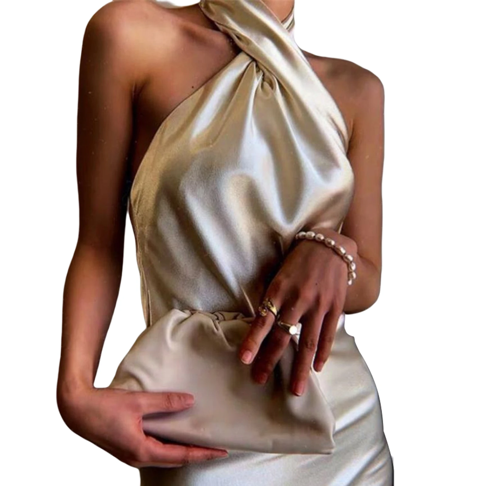 Woman's Sexy Temperament Shiny One-piece, Solid Color Sleeveless Elastic Slim Halter Long Dress, Daily Life 2020 New Hot 
Woman's Sexy Temperament Shiny One-piece, Solid Color Sleeveless Elastic Slim Halter Long Dress, Daily Life 2020 New Hot