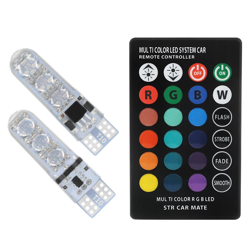 New 2 pcs T10 w5w RGB LED Bulb 5050-6SMD COB canbus Car With Remote Controller Flash/Strobe Reading Wedge Light Clearance lights
New 2 pcs T10 w5w RGB LED Bulb 5050-6SMD COB canbus Car With Remote Controller Flash/Strobe Reading Wedge Light Clearance lights