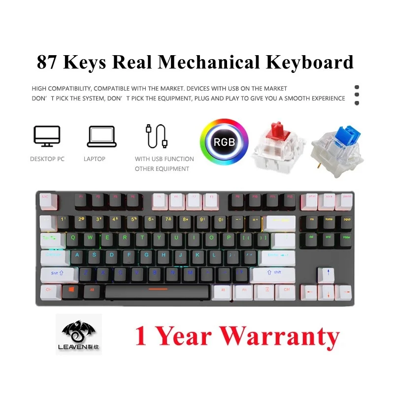 

87 Key Real Wired Mechanical Keyboard Blue Switch Backlight Two Color Injection Molded Keycap Gaming Keyboards For PC