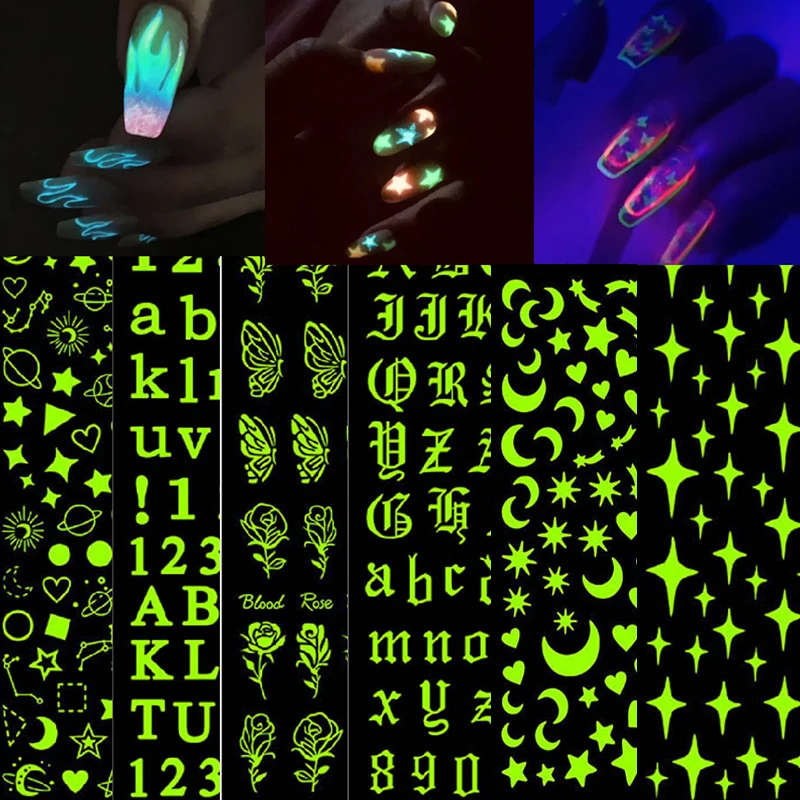 

1 шт. пламя буквы светящиеся наклейки для ногтей 3D светящиеся в темноте Слайдеры для дизайна ногтей клейкие переводки Фольга Маникюр Декор