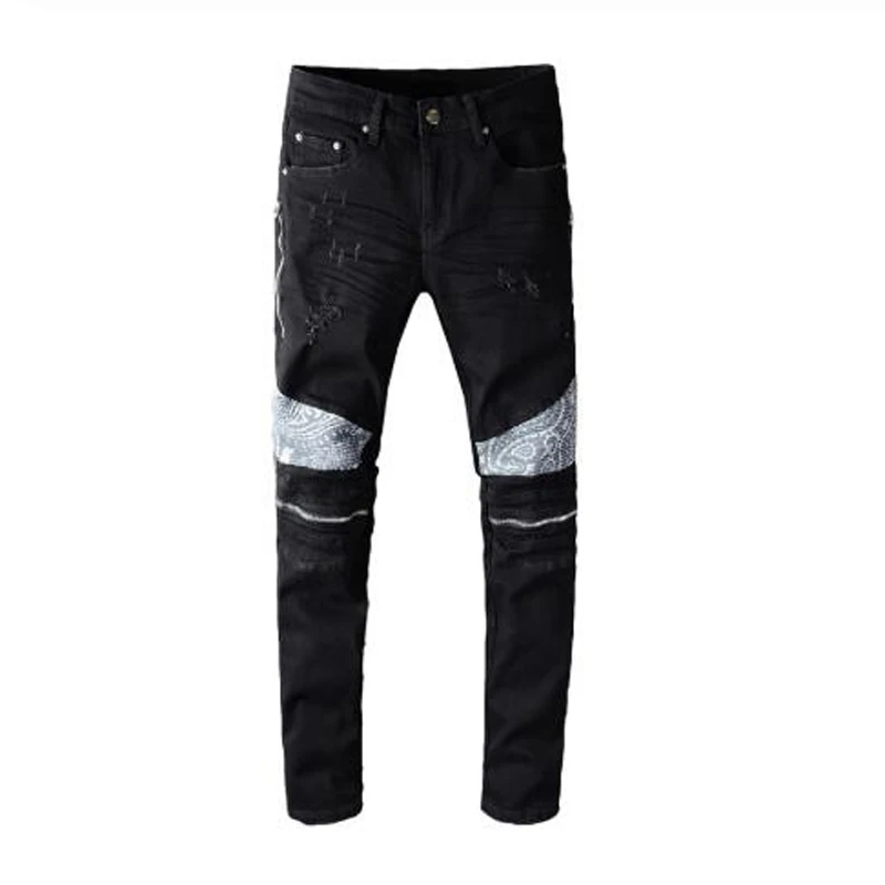 

New Men's male black bandanna paisley printed patchwork denim biker jeans Streetwear slim skinny zippers stretch pants trousers